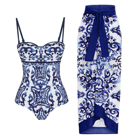 Gessy swimsuit with sarong - flat-lay product shot, blue - Miss Mosa By Akanksha