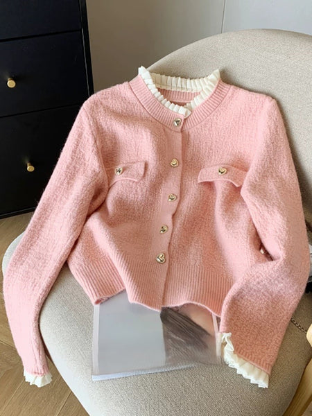 Gia Cute Heart Cardigans in Pink - front shot on chair - Miss Mosa By Akanksha