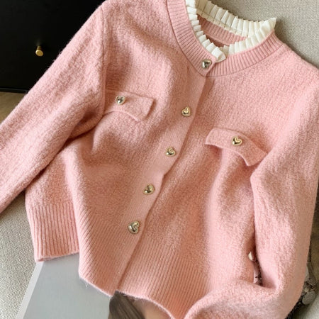 Gia Cute Heart Cardigans in Pink - close-up of buttons and collar - Miss Mosa By Akanksha