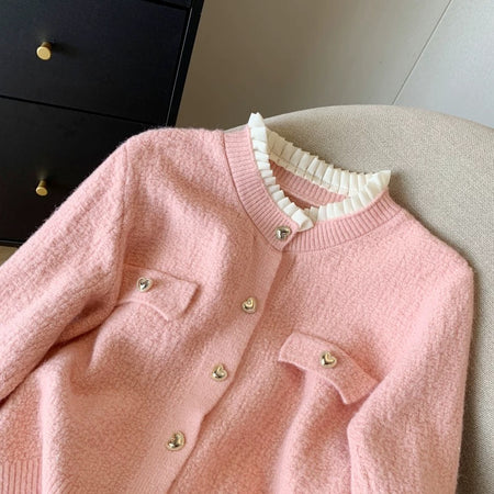 Gia Cute Heart Cardigans in Pink - close-up of ruffle neckline - Miss Mosa By Akanksha