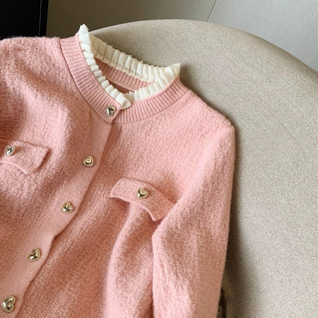 Gia Cute Heart Cardigans in Pink - close-up of ruffle neckline - Miss Mosa By Akanksha