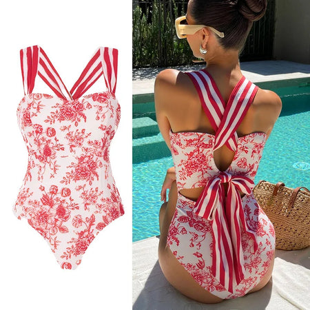 Gianna Printed Swimsuit With Skirt - back detail shot, red floral with red stripes on white - Miss Mosa By Akanksha