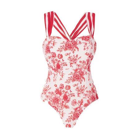 Gianna Printed Swimsuit With Skirt - swimsuit flat-lay shot, red floral on white with striped straps - Miss Mosa By Akanksha