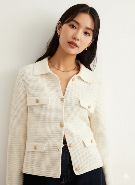 Gianna Soft Knit Cardigan In Off White - front shot on model - Miss Mosa By Akanksha