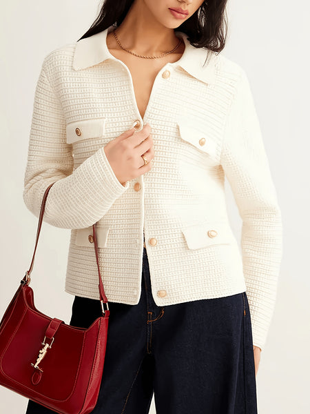 Gianna Soft Knit Cardigan In Off White - front shot on model with handbag - Miss Mosa By Akanksha