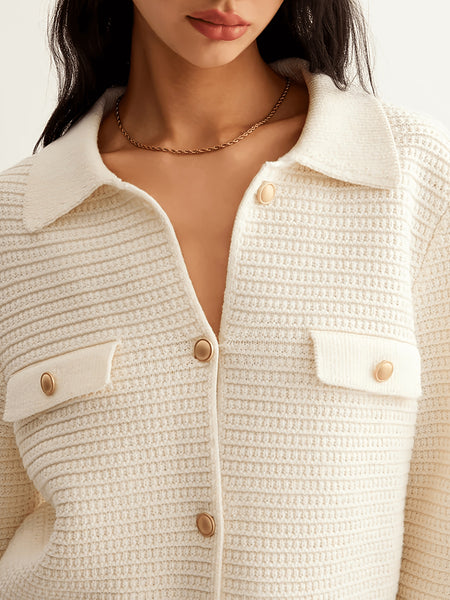 Gianna Soft Knit Cardigan In Off White - close-up of the collar and pocket detail - Miss Mosa By Akanksha