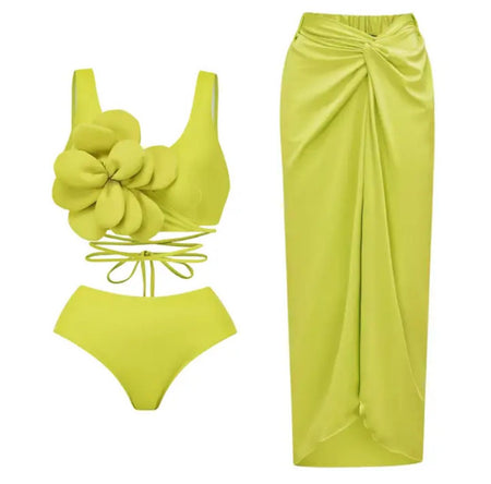 Gillori Rosette Swimsuit With Skirt In Neon - flat-lay product shot of swimsuit and skirt, lime green - Miss Mosa By Akanksha