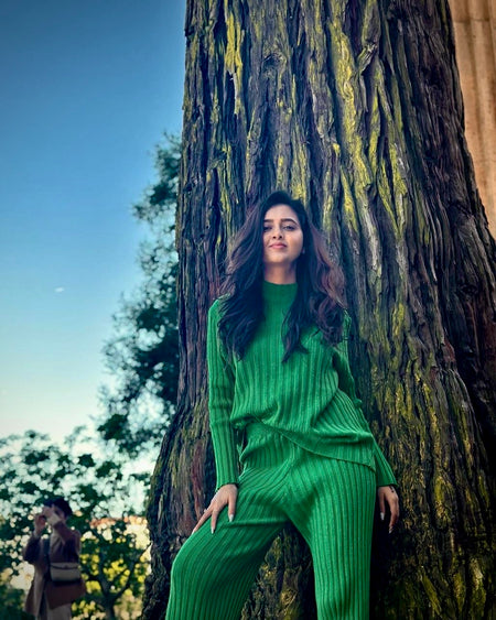 Gina Luxury Winter Tracksets - full-length shot on model, green - Miss Mosa By Akanksha