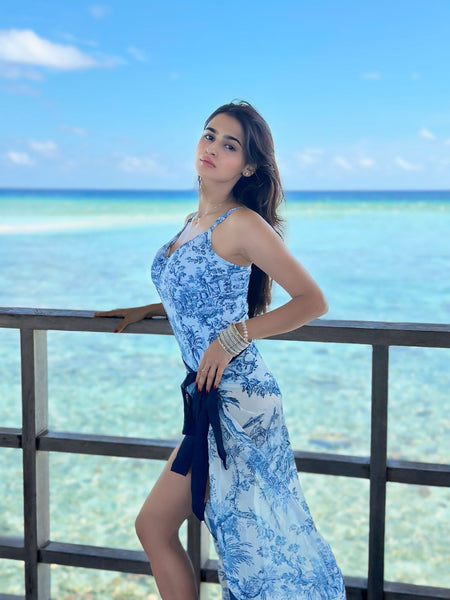 Gina Swimsuit with Sarong In Blue - lifestyle shot on model, blue - Miss Mosa By Akanksha