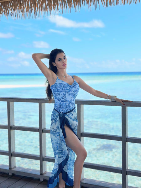 Gina Swimsuit with Sarong In Blue - lifestyle shot on model, blue - Miss Mosa By Akanksha