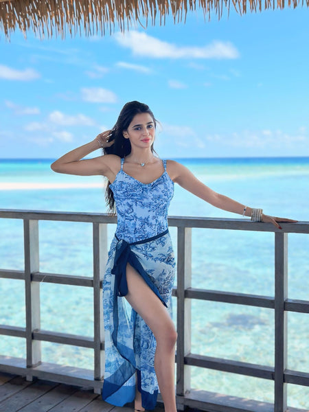 Gina Swimsuit with Sarong In Blue - lifestyle shot on model, blue - Miss Mosa By Akanksha