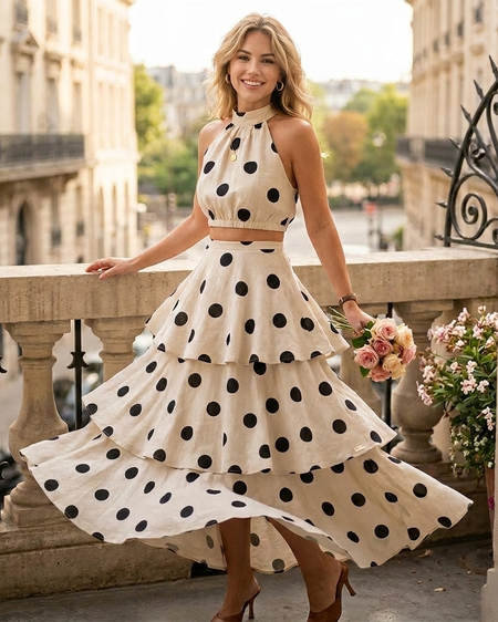 Giorgia Polka Coord Skirt Set - front shot, cream with black polka dots - Miss Mosa By Akanksha