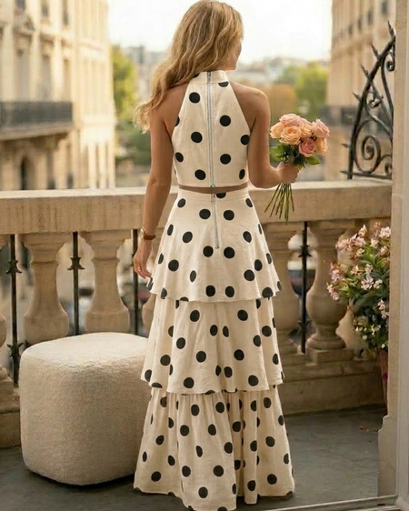 Giorgia Polka Coord Skirt Set - back shot, cream with black polka dots - Miss Mosa By Akanksha