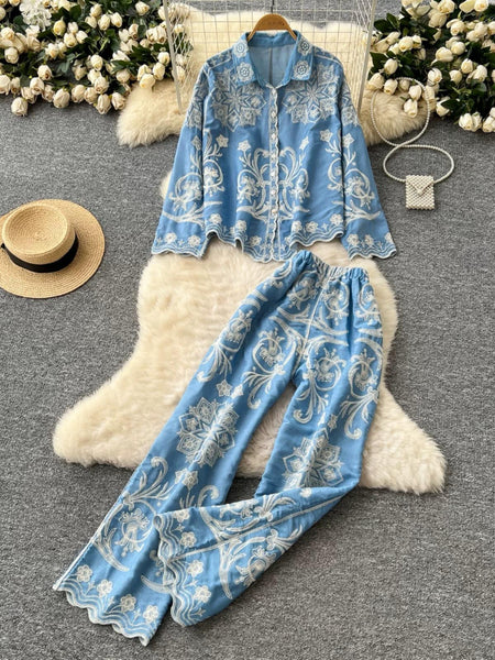 Giselle Summer coord Set - flat-lay product shot of the shirt and trousers set, blue with white embroidery - Miss Mosa By Akanksha