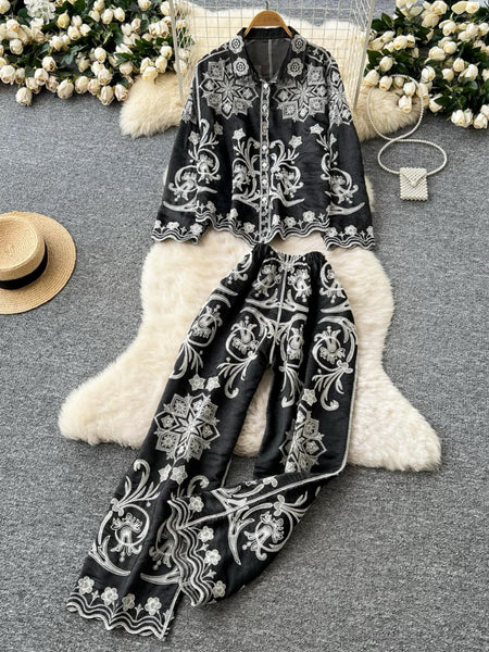 Giselle Summer coord Set - flat-lay product shot of the shirt and trousers set, black with white embroidery - Miss Mosa By Akanksha