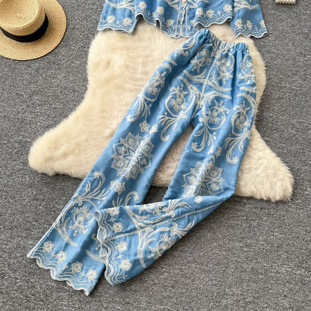 Giselle Summer coord Set - flat-lay product shot of the trousers, blue with white embroidery - Miss Mosa By Akanksha