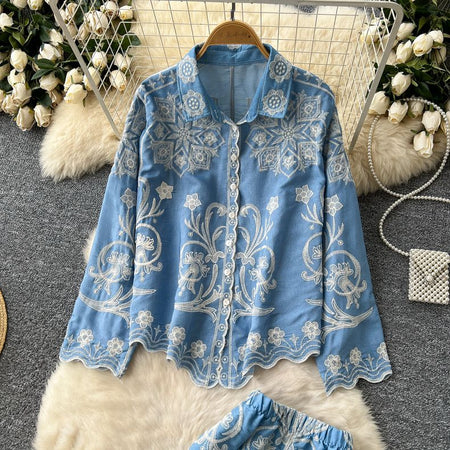 Giselle Summer coord Set - flat-lay product shot of the shirt, blue with white embroidery - Miss Mosa By Akanksha