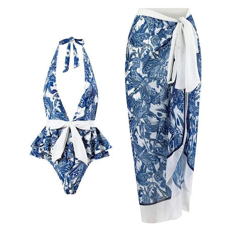 Gisessle swimsuit with Sarong skirt In Blue - styled flat-lay shot, blue - Miss Mosa By Akanksha