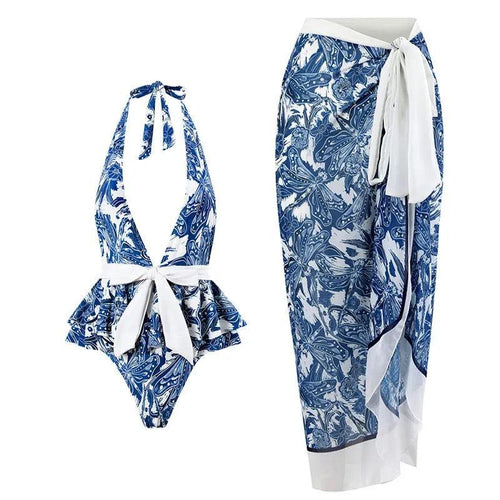 Gisessle swimsuit with Sarong skirt In Blue