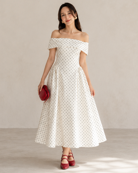 Giulia Drop Waist Polka Midi Dress - full-length shot, cream with black polka dots - Miss Mosa By Akanksha