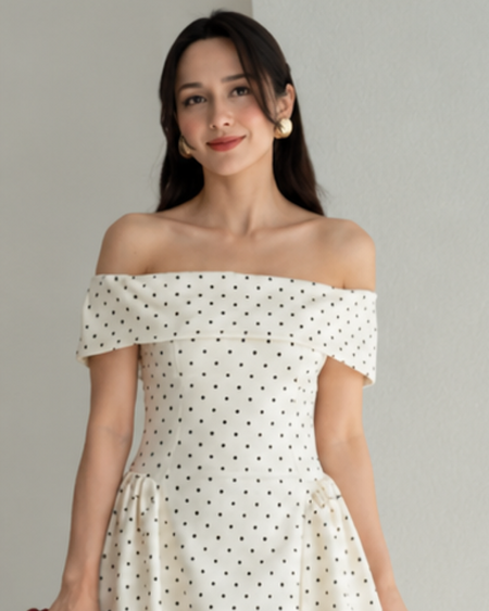 Giulia Drop Waist Polka Midi Dress - neckline close-up shot, cream with black polka dots - Miss Mosa By Akanksha