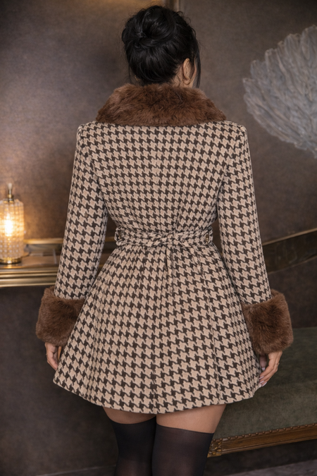 Giulia Premium Fur Coat With Belt - back shot, brown and beige houndstooth with brown fur trim - Miss Mosa By Akanksha