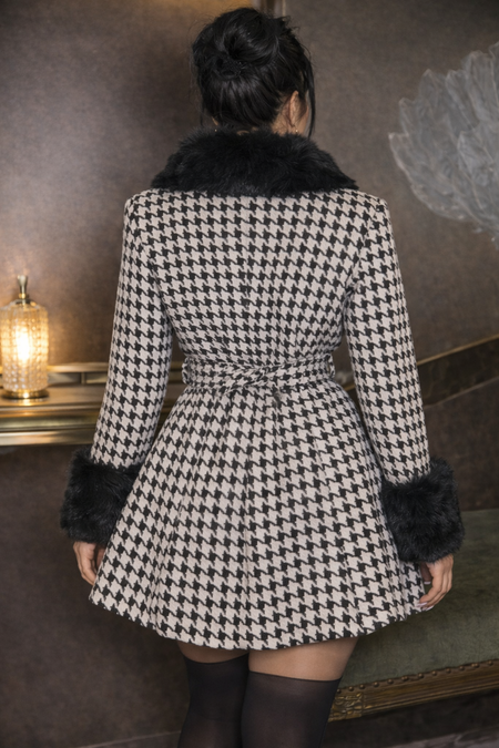 Giulia Premium Fur Coat With Belt - back shot, black and white houndstooth with black fur trim - Miss Mosa By Akanksha