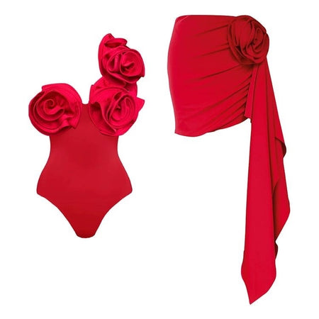 Giza Holiday Swimsuit with Skirt - styled flat-lay shot, red - Miss Mosa By Akanksha