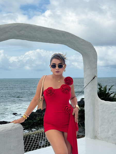 Giza Holiday Swimsuit with Skirt - full-length front shot, red - Miss Mosa By Akanksha