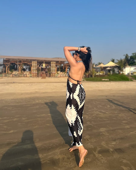 Giza Swimsuit with Sarong Skirt In Black - back shot on model, black - Miss Mosa By Akanksha