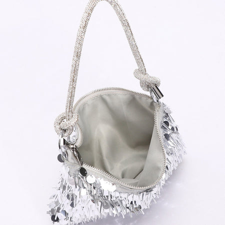 Glitz Embellished Hand Bag - detail shot of open interior, silver with grey lining - Miss Mosa By Akanksha