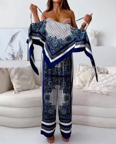 Gloria Summer Holiday Coord Set - front shot on model holding top, blue and white - Miss Mosa By Akanksha