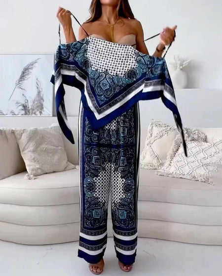 Gloria Summer Holiday Coord Set - front shot on model holding top, blue and white - Miss Mosa By Akanksha
