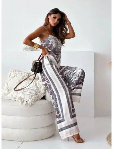 Gloria Summer Holiday Coord Set - side styling shot on model, grey and white - Miss Mosa By Akanksha