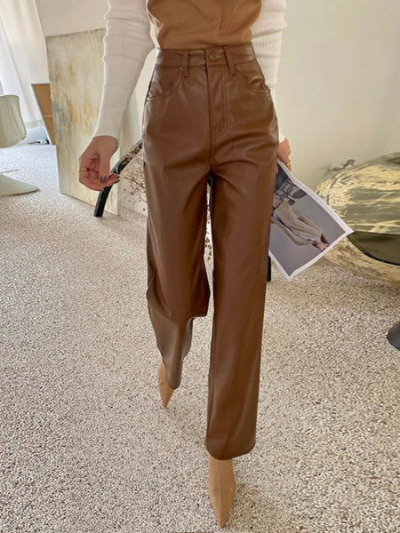 Grace Leather Statement Pants - front shot on model, brown - Miss Mosa By Akanksha
