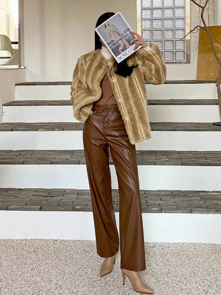 Grace Leather Statement Pants - full-length shot on model, brown - Miss Mosa By Akanksha