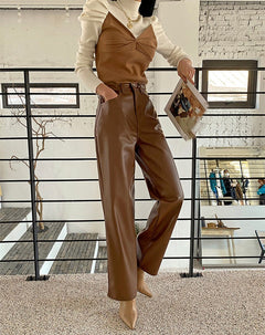 Grace Leather Statement Pants - front shot on model, brown - Miss Mosa By Akanksha