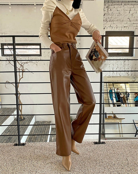 Grace Leather Statement Pants - front shot on model, brown - Miss Mosa By Akanksha