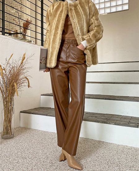 Grace Leather Statement Pants - full-length shot on model, brown - Miss Mosa By Akanksha