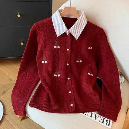 Grazina Cherry Luxe Cardigan - flat-lay product shot, burgundy red - Miss Mosa By Akanksha