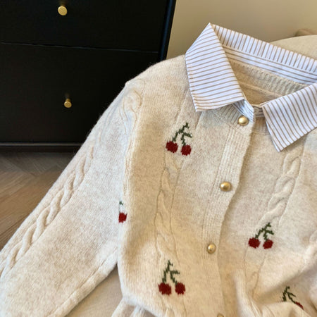 Grazina Cherry Luxe Cardigan - close-up of fabric detail, cream - Miss Mosa By Akanksha