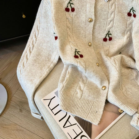 Grazina Cherry Luxe Cardigan - close-up of fabric detail, cream - Miss Mosa By Akanksha