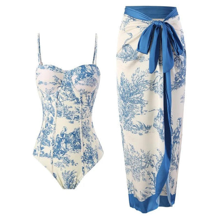 Greece swimsuit with Sarong Skirt - styled flat-lay shot, blue and white - Miss Mosa By Akanksha