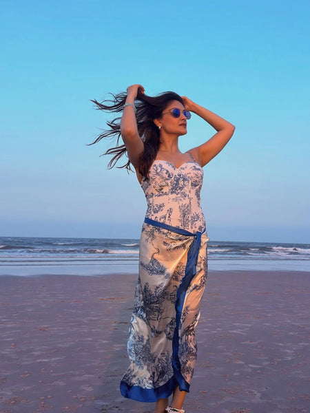 Greece swimsuit with Sarong Skirt - full-length shot on model, blue and white - Miss Mosa By Akanksha