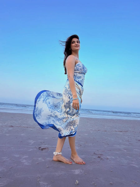 Greece swimsuit with Sarong Skirt - side shot on model, blue and white - Miss Mosa By Akanksha