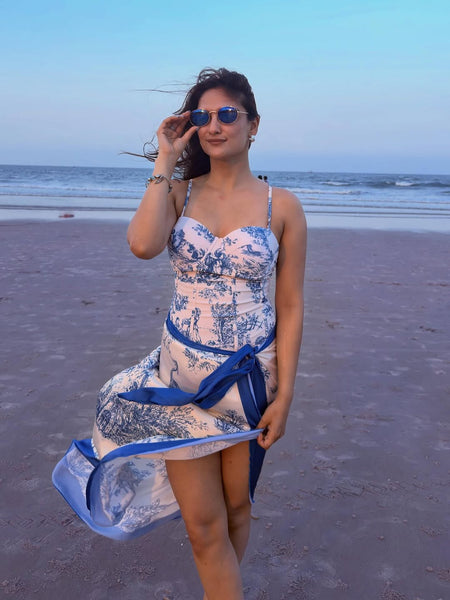 Greece swimsuit with Sarong Skirt - lifestyle shot on model, blue and white - Miss Mosa By Akanksha