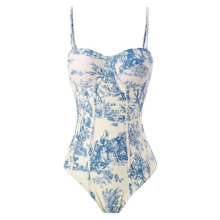 Greece swimsuit with Sarong Skirt - front shot on hanger, blue and white - Miss Mosa By Akanksha