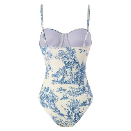 Greece swimsuit with Sarong Skirt - back shot on hanger, blue and white - Miss Mosa By Akanksha