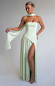 Greer Slit Maxi Dress With Scarf - full-length front shot on model holding scarf, sage green - Miss Mosa By Akanksha