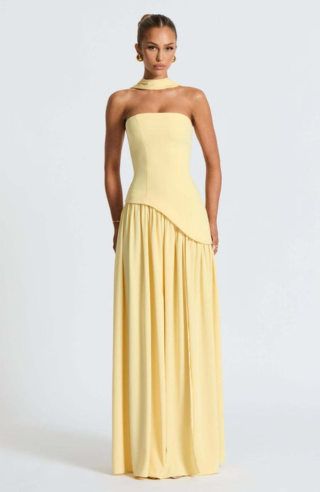 Greer Slit Maxi Dress With Scarf - full-length front shot on model, pale yellow - Miss Mosa By Akanksha